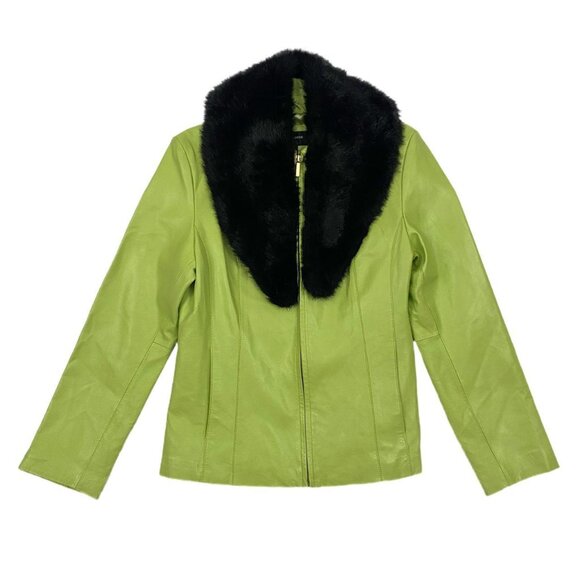 vintage lime green leather jacket with a black faux fur collar - Picture 1 of 4